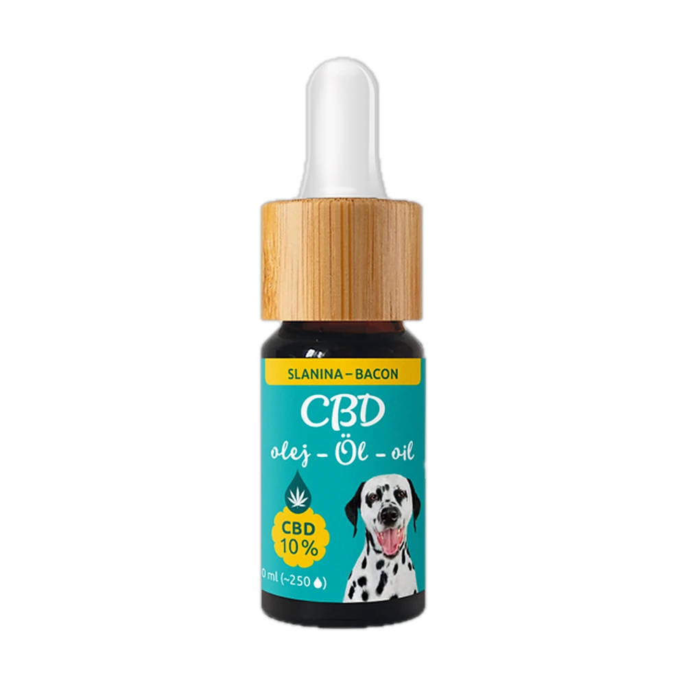Tmavá skleněná lahvička s kapátkem – CBD olej pro psy 10 % se slaninovým aroma, Zelená Země, 10 ml